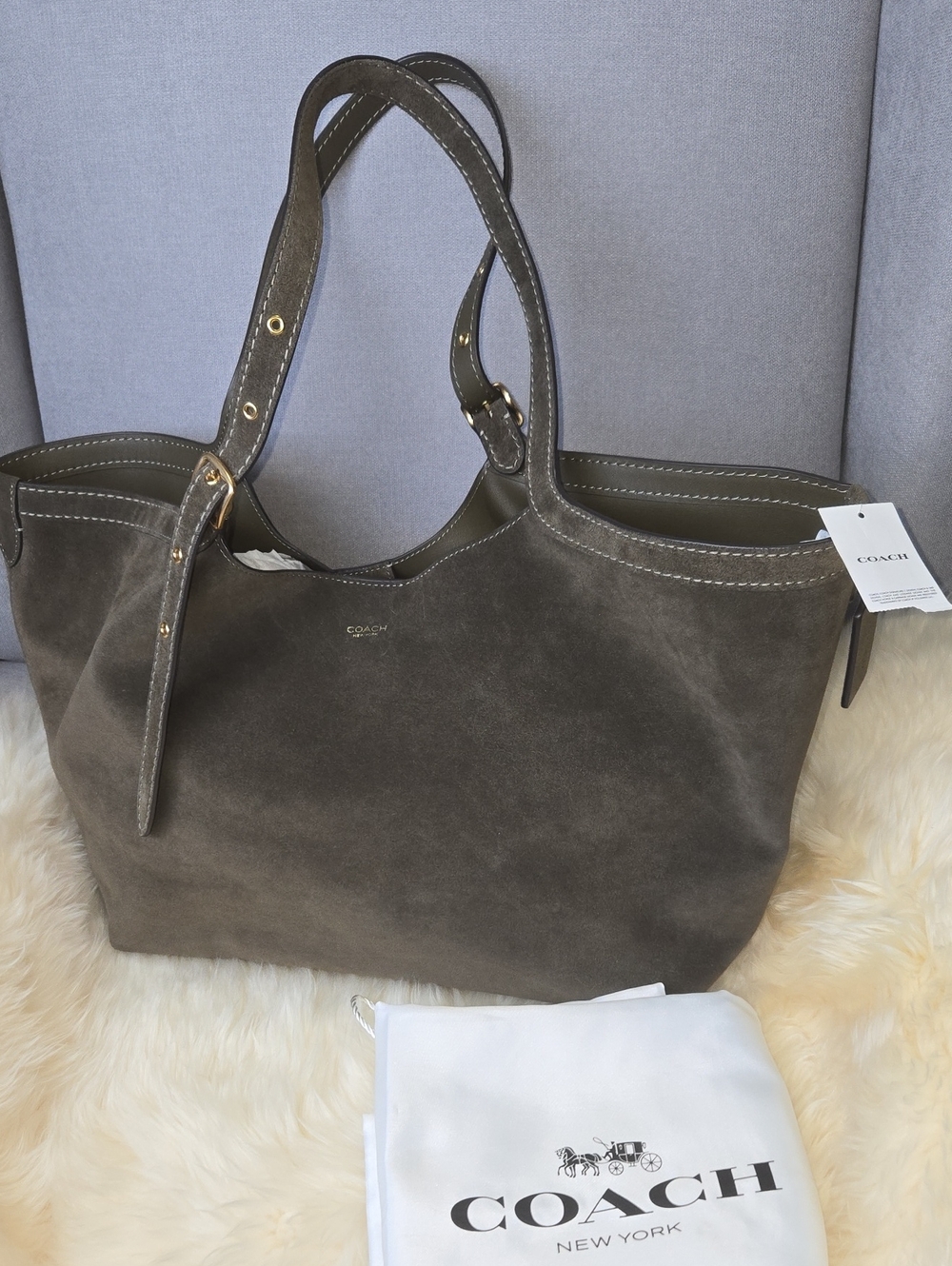 Coach Suede Gramercy Buckle Detail Oversized Slouchy Tote Bag In Olive